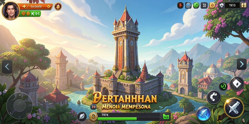 Tampilan gameplay 797K dengan menara yang melawan musuh.
