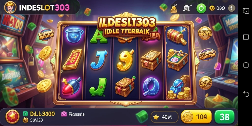 Screenshot menunjukkan gameplay INDESLOT303 dengan mesin slot berwarna-warni dan efek menarik.