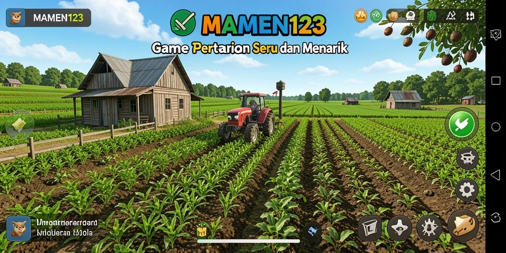 Tampilan gameplay MAMEN123 yang menampilkan ladang yang subur dan hewan ternak.