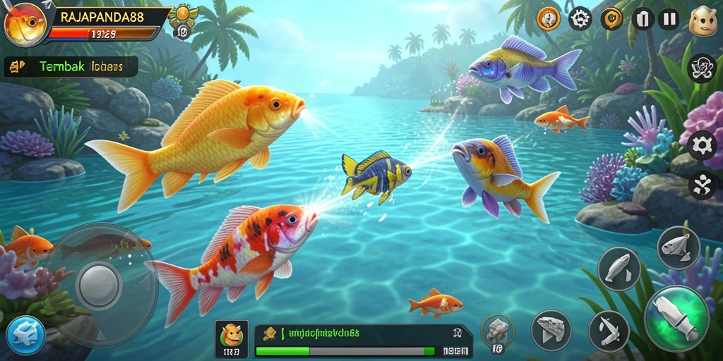 Tampilan screenshot gameplay RAJAPANDA88 dengan aksi menembak ikan yang seru.