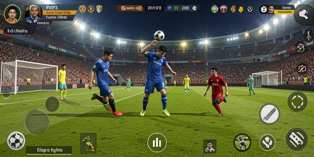 Tangkapan layar menunjukkan aksi seru dalam game sepak bola RVIP3.