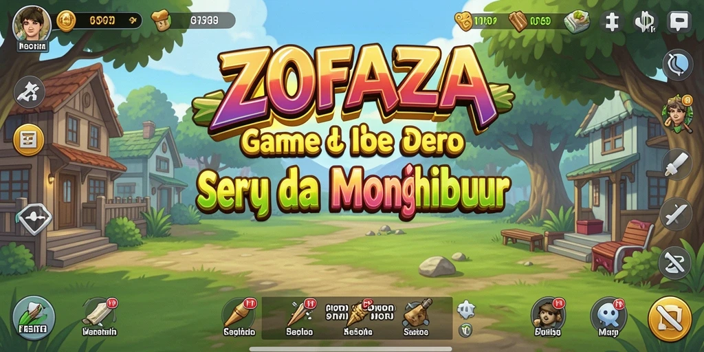 Screenshot gameplay ZOFAZA menampilkan karakter yang mengumpulkan sumber daya secara otomatis.